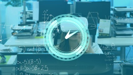 Animation of clock and mathematical formulas over businesswoman using vr headset - Powered by Adobe