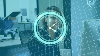 Animation of clock and mathematical formulas over businesswoman using computer - Powered by Adobe