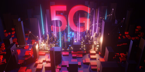 5G high-speed Internet concept, 5G network wireless technology on city background, 3d rendering
