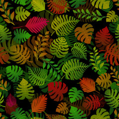 Seamless pattern with exotic jungle plants. Tropical palm leaves. Rainforest illustration, multicolored on black background.