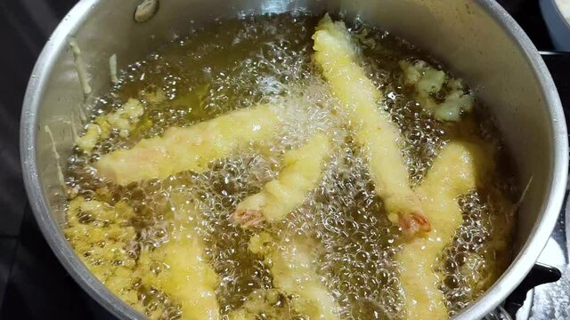 Shrimp Tempura Fried in a hot pot By a Japanese chef