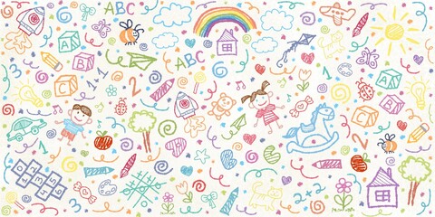 Kindergarten doodles on a white background. Hand-drawn design. Back to school concept