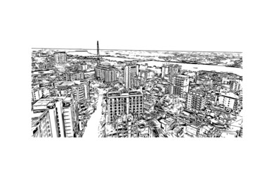 Building view with landmark of Hue is a city in central Vietnam. Hand drawn sketch illustration in vector.