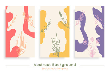 Fototapeta na wymiar Modern abstract background with hand drawn floral elements. Trendy editable social media stories template