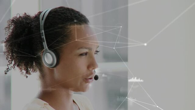 Animation of network of connections, statistics over businesswoman using phone headsets