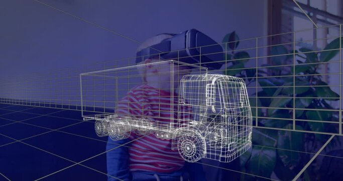 Animation of 3d technical drawing of truck, over boy at home wearing vr headset