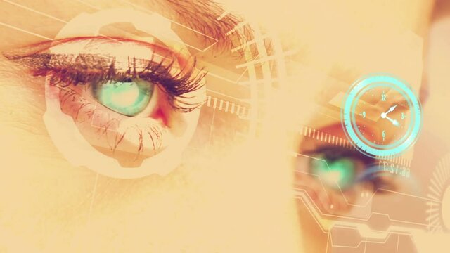 Animation of digital interface and clock over woman's eyes
