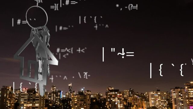 Animation of dangling house key and key fob over symbols and cityscape