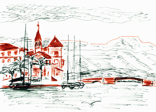 Medieval Mediterranean town port of Trogir, Croatia, graphic drawing, travel sketch