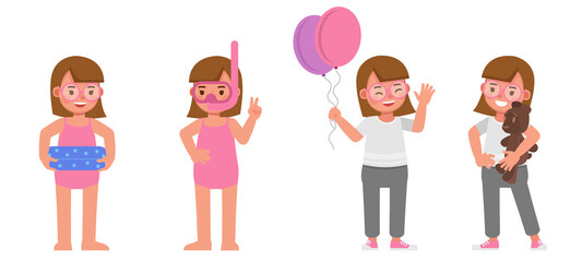 Set of children character vector design. Girl wear white shirt. Presentation in various action with emotions.