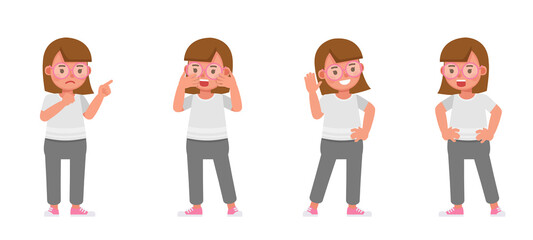 Set of children character vector design. Girl wear white shirt. Presentation in various action with emotions.
