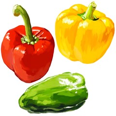 水彩厚塗り・丸ごと赤黄色パプリカとピーマン