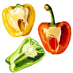 Aquarell dick gemalter rot-gelber Paprika und grüner Pfeffer halbiert © Nyolon