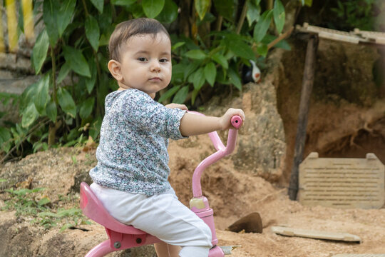 Cute toddler child, boy, playing with tricycle in park and eating apple, kid riding bike on sunset