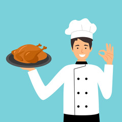 Proud chef with tray of roasted chicken meal for customer in restaurant. Chef character cooking concept.