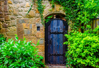 Fototapeta na wymiar A wooden door in a stone wall.