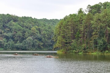 Mae Hong Son, THAILAND - 29 December 2018 : Tourists prefer to rent bamboo rafts for views of the lake and forest at Pang Ung in Mae Hong Son, THAILAND.