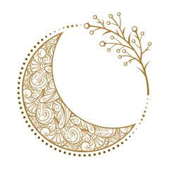 Golden crescent moon illustration. Ethnic style vector graphic. © sablegear