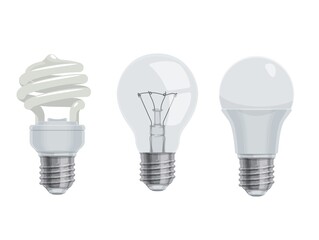 Lightbulbs and lamps, cartoon vector icons. Isolated electric LED and incandescent or energy saving light bulbs, cartoon or realistic lamps set