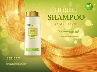 Herbal shampoo, woman health and beauty, hair care cosmetics vector ad banner. Bottle and shining blond strand, professional eco cosmetic lotion tube, beauty product advertising, realistic 3d template - obrazy, fototapety, plakaty