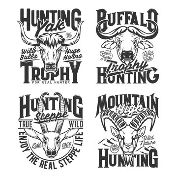 Yak, Cape buffalo and gazelle, goat hunting t-shirt print sketch vector template. Steppe, savanna and mountain big horned animals trophy hunting apparel custom prints with african fauna and typography