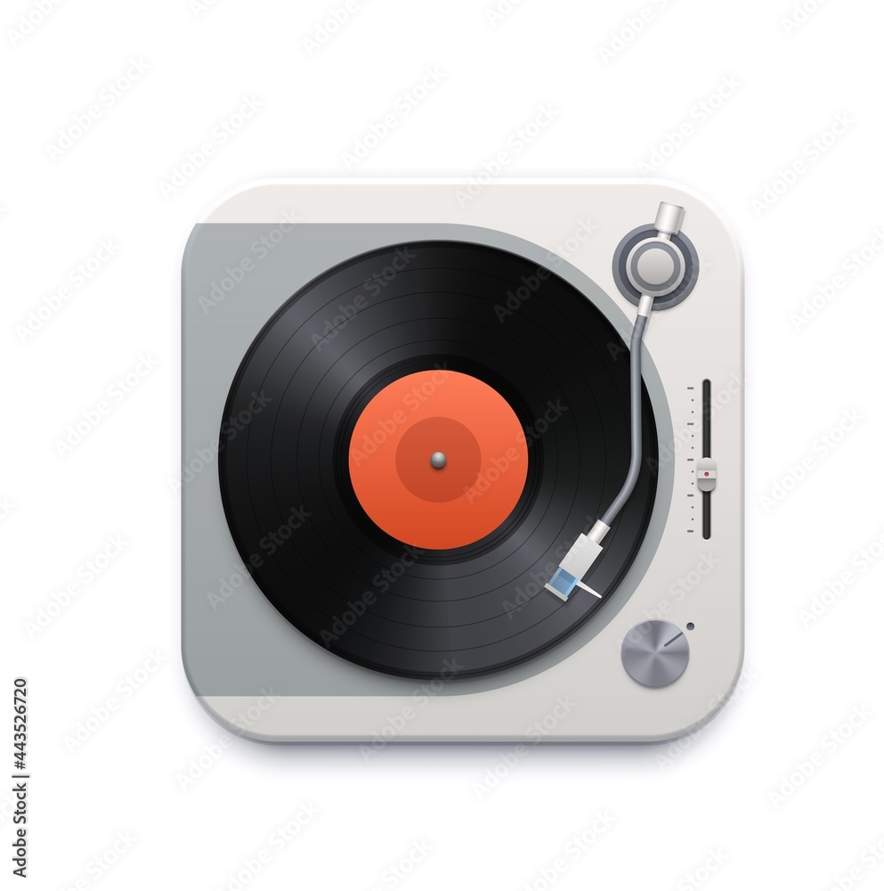 Poster Music vinyl disk player interface icon. Vector retro gramophone with slider and needle on rotating disc top view. Graphic ui design element for application, disco party isolated on white background