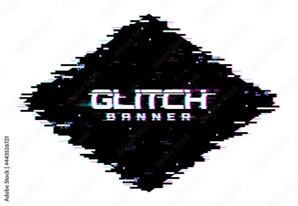 Aufkleber Digital color distortion glitch screen, lines and pixel noise background. Vector glitched banner with noisy effect and colored random pixels in black rhombus. Television distorted video, no signal