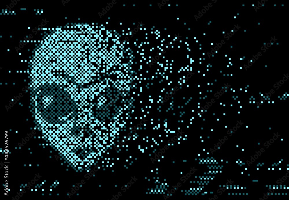 Poster Glitch screen digital distortion with pixel noise and alien crumbling face on black background. Vector glowing neon glitched effect, distorted glitch futuristic design with extraterrestrial character