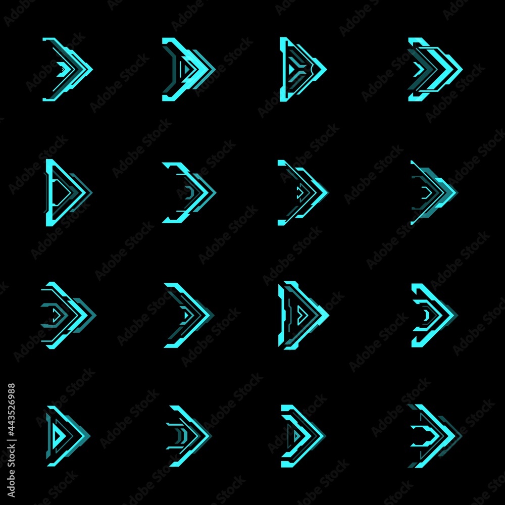 Aufkleber HUD futuristic arrows and navigation pointers vector interface. Sci Fi and cyberpunk games. Blue neon light arrow cursors, next signs and right movement direction pointers design of game ui or gui