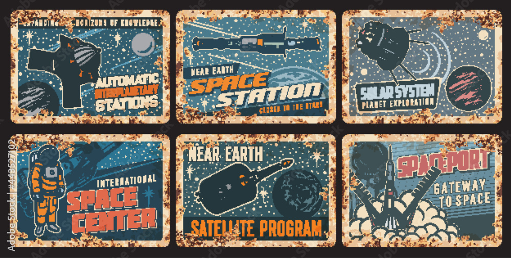 Poster orbital space station and satellite rusty plates with vector universe galaxy planets, spaceships, as