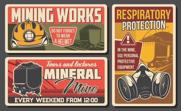 Coal mining industry retro banners with vector underground mine pit tunnel, miner helmet or hard hat with lamp, dust mask, coal trolley and rails. Mineral extraction and processing design