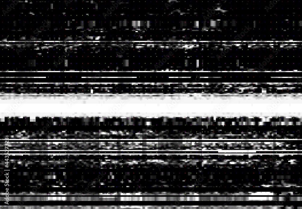 Poster Screen with VHS video glitch effect, wide distortion line and digital pixel noise. Vector background with bad TV signal, computer screen error, damaged VHS tape or videotape static noise textures