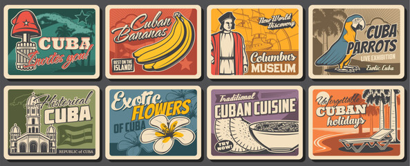Cuban travel, food, nature and culture vector design. Retro posters with Havana beach palms, Caribbean Sea and tropical parrot, flag and map of Cuba, Havana capitol, mariposa, liberty cap and banana © Vector Tradition