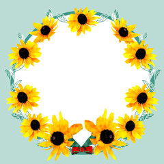 wreath frame of sunflowers and leaf green