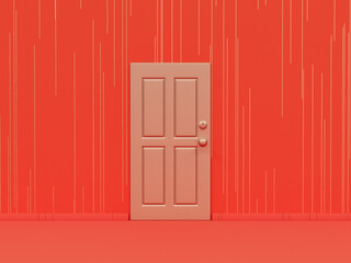 monochrome single color red door 3d Icon in orange background interior room with striped pattern, 3d rendering