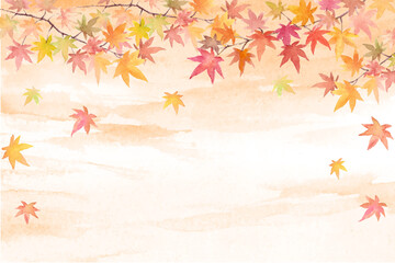 秋空にもみじの背景　水彩イラスト
