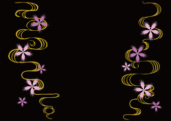 なでしこと手描きの流水模様(両側、背景黒）