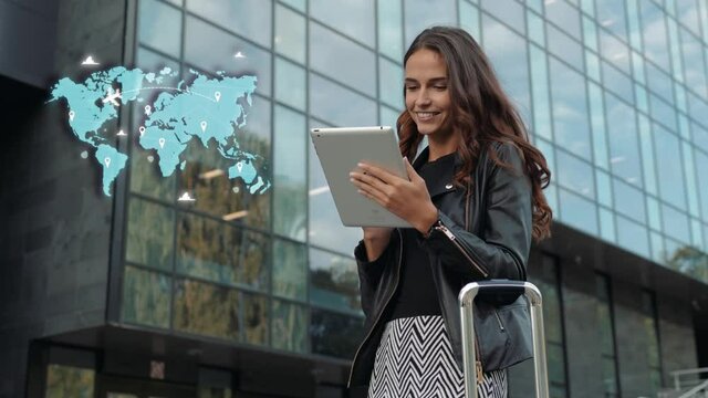 Young female passenger at the airport booking hotel animation world map travel with airplanes route, motion design Elegant businesswoman in office with luggage