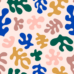 Matisse Inspired Abstract Art Seamless Pattern with Organic Shapes in a trendy Contemporary Style. Vector Background