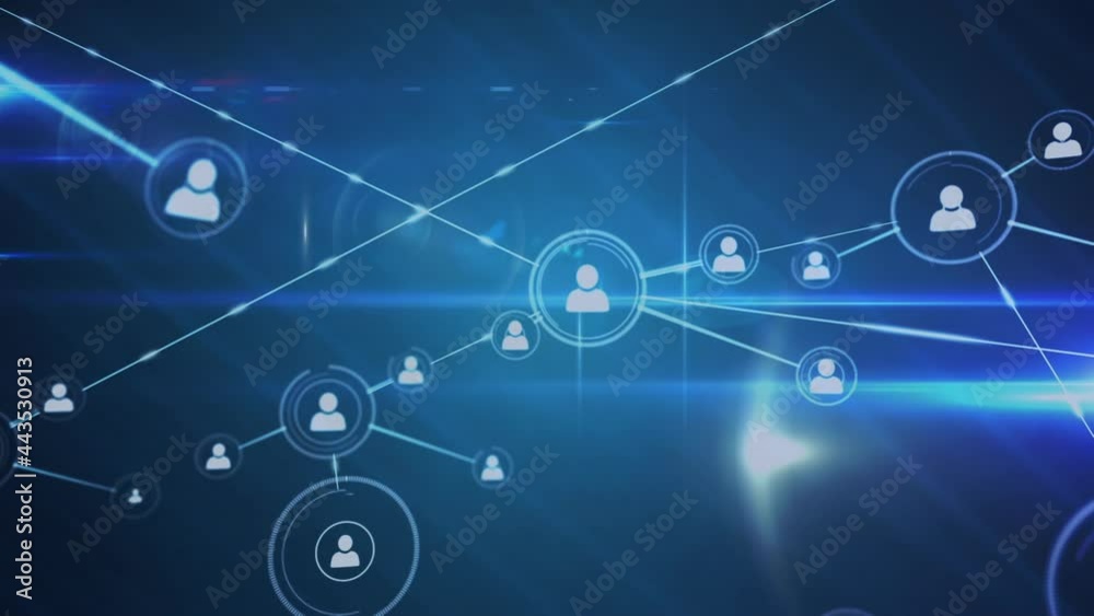 Wall mural animation of network of connections with icons on dark background