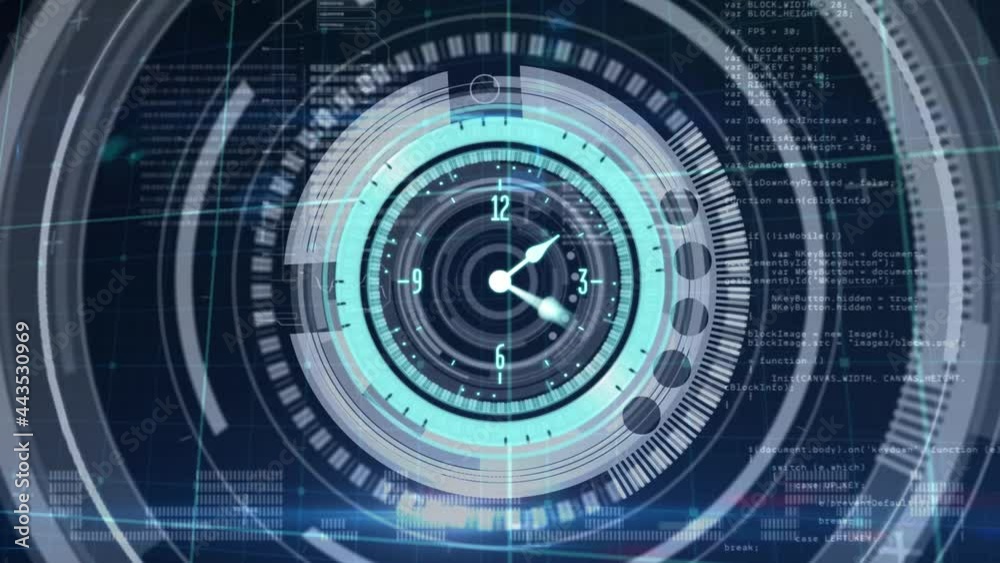 Poster animation of clock and safe lock rotating, over data processing on black background
