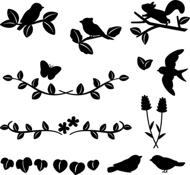 葉や小鳥のデコレーションイラストセット