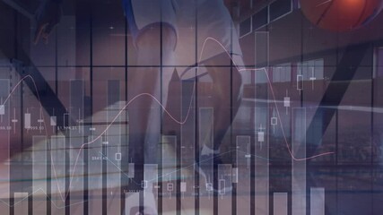 Animation of statistics and data processing over basketball player - Powered by Adobe