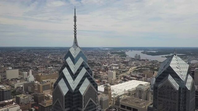 financial district in philadelphia from a drone shot