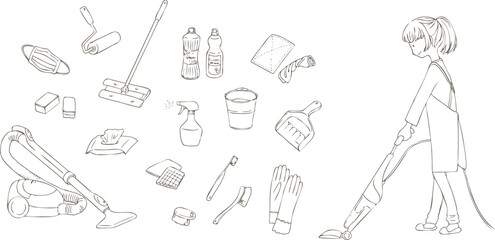 掃除機をかける女性と掃除用具のイラストセット