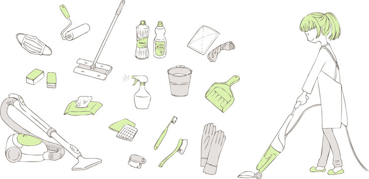 掃除機をかける女性と掃除用具のイラストセット Stock Vektorgrafik Adobe Stock