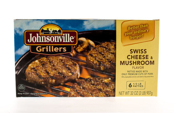 Winneconne, WI - 25 April 2015: Package Of Johnsonville Bratwurst Patties In Swiss Cheese And Mushroom Flavor.