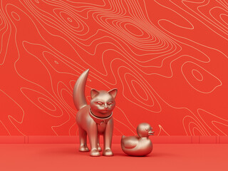 A cat and a rubber ducky figurines in orange background interior room with wave pattern, monochrome single color metallic gold, 3d rendering