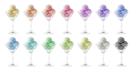 ice cream scoops in cocktail glass on white background