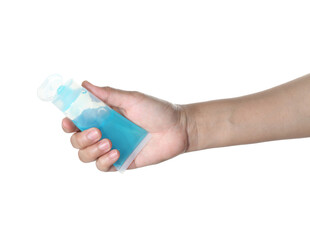 woman using antibacterial hand sanitizer spray on white background